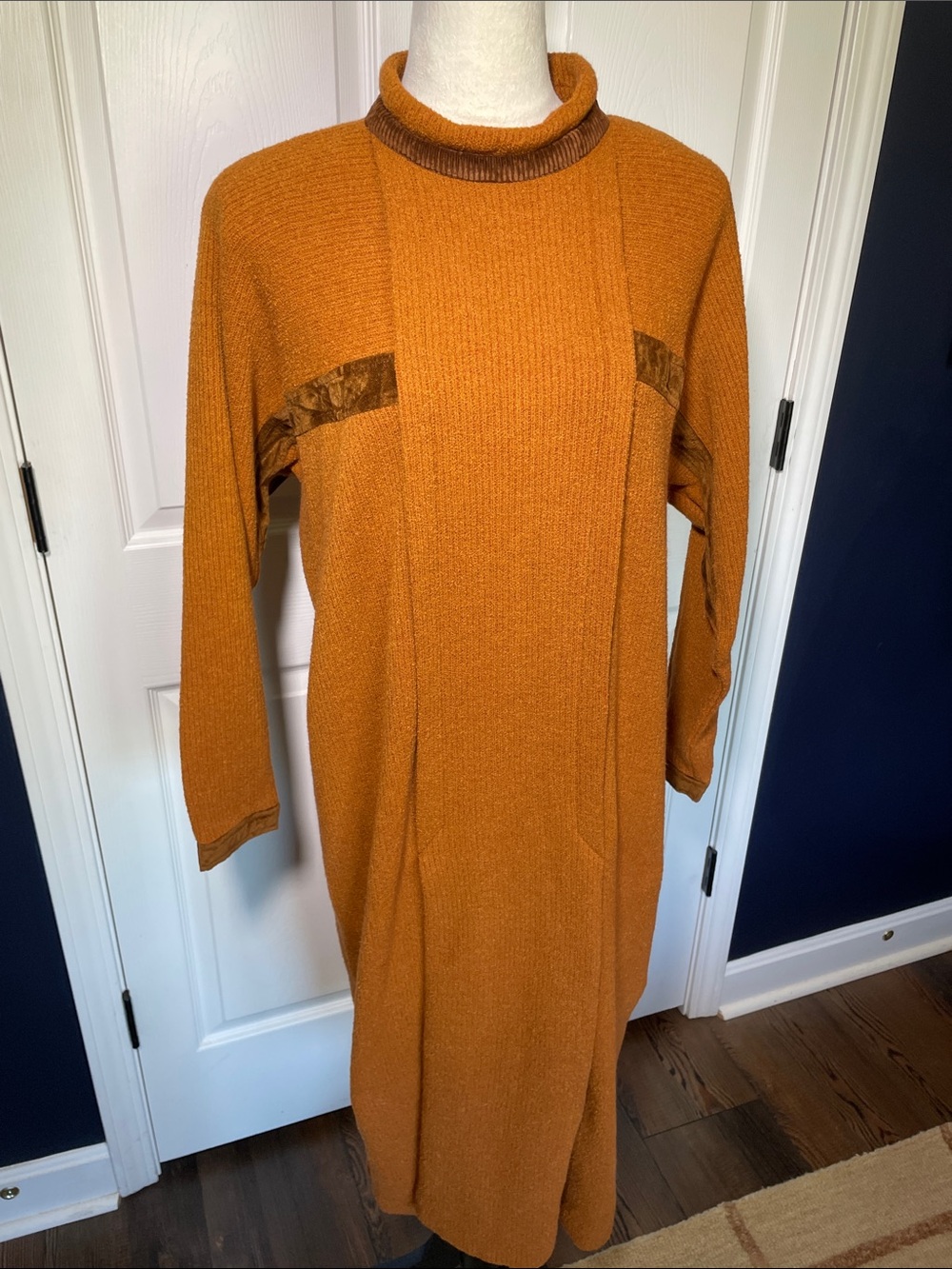 Vintage‎ SPAZIO Italy Wool Knit Dress Orange Funnel Neck Velvet Trim Midi Maxi L